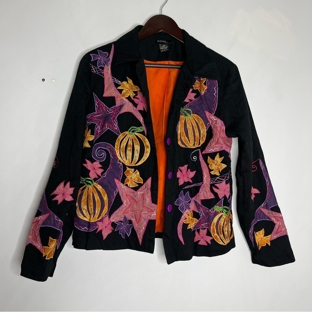 Halloween Pumpkin Hona to Be Size Small Shacket Jacket Button Down Black - Picture 1 of 6